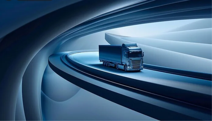 Truck driving along a curved elevated road