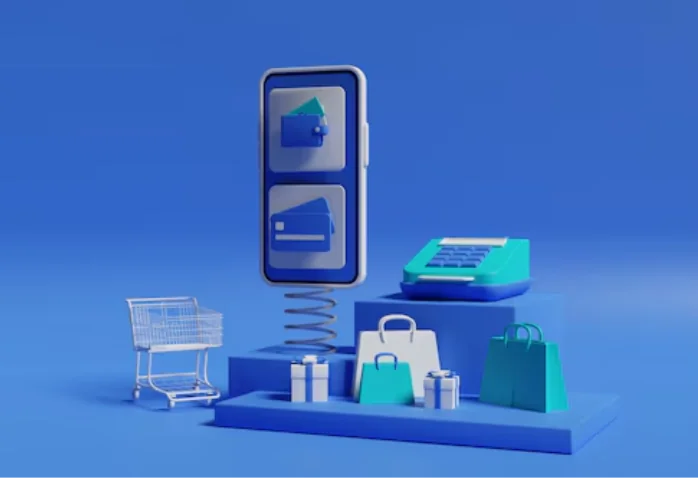 3D retail scene with a phone, shopping cart, bags and a card terminal