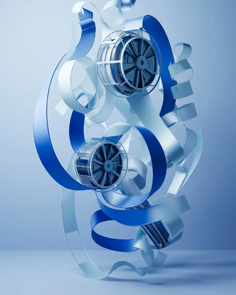 3D render of robotic joints wrapped in blue ribbons